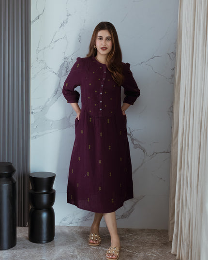Wine Embroidered Dress (with Sleeves)