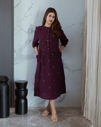 Wine Embroidered Dress (with Sleeves)