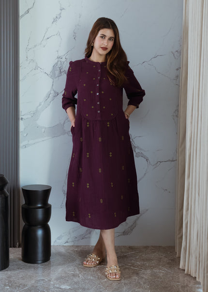 Wine Embroidered Dress (with Sleeves)