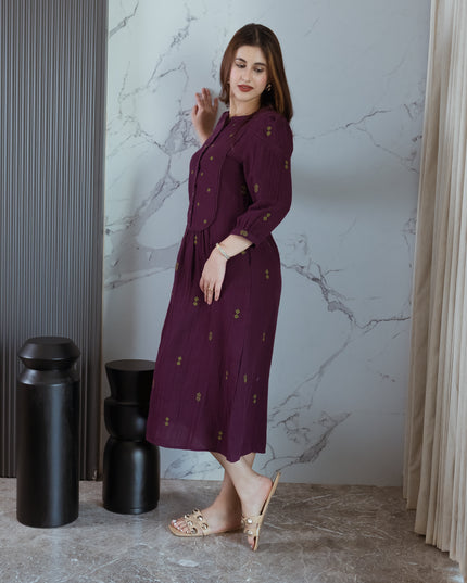Wine Embroidered Dress (with Sleeves)