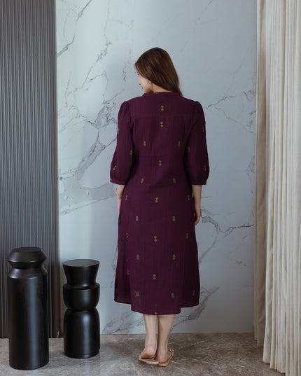 Wine Embroidered Dress (with Sleeves)