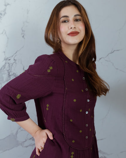Wine Embroidered Dress (with Sleeves)