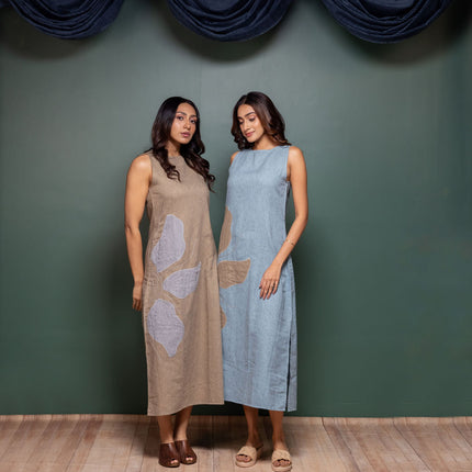 Chambray Appliqué Slit Dress