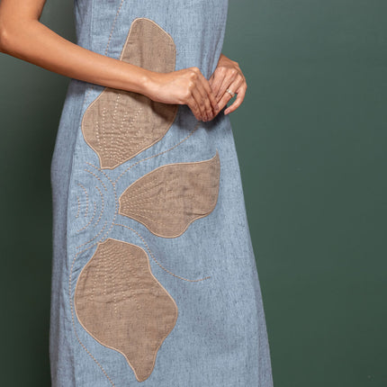 Chambray Appliqué Slit Dress