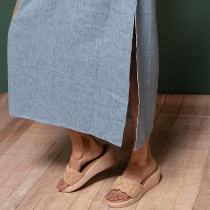 Chambray Appliqué Slit Dress