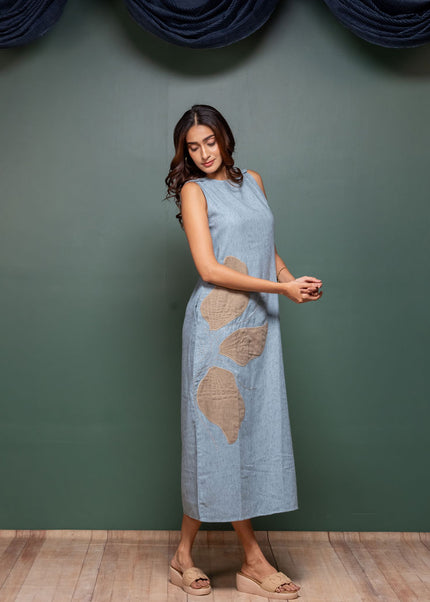 Chambray Appliqué Slit Dress