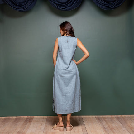 Chambray Appliqué Slit Dress